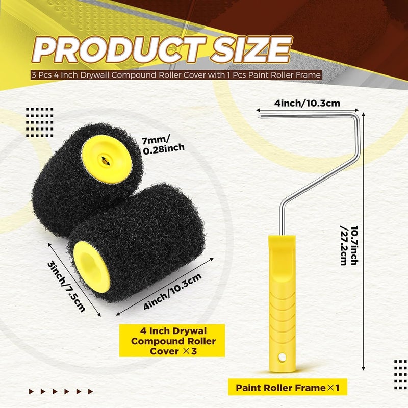 Threlaco 3 قطع غطاء أسطوانة مركب الجدران بقطر 4 بوصات مع 1 إطار طلاء، فرشاة نسيج الجدران، أسطوانة طين للاستخدام مع المعجون، الأرضيات الدياتومية، معجون التشكيل، الطلاءات ذات النسيج - Image 2